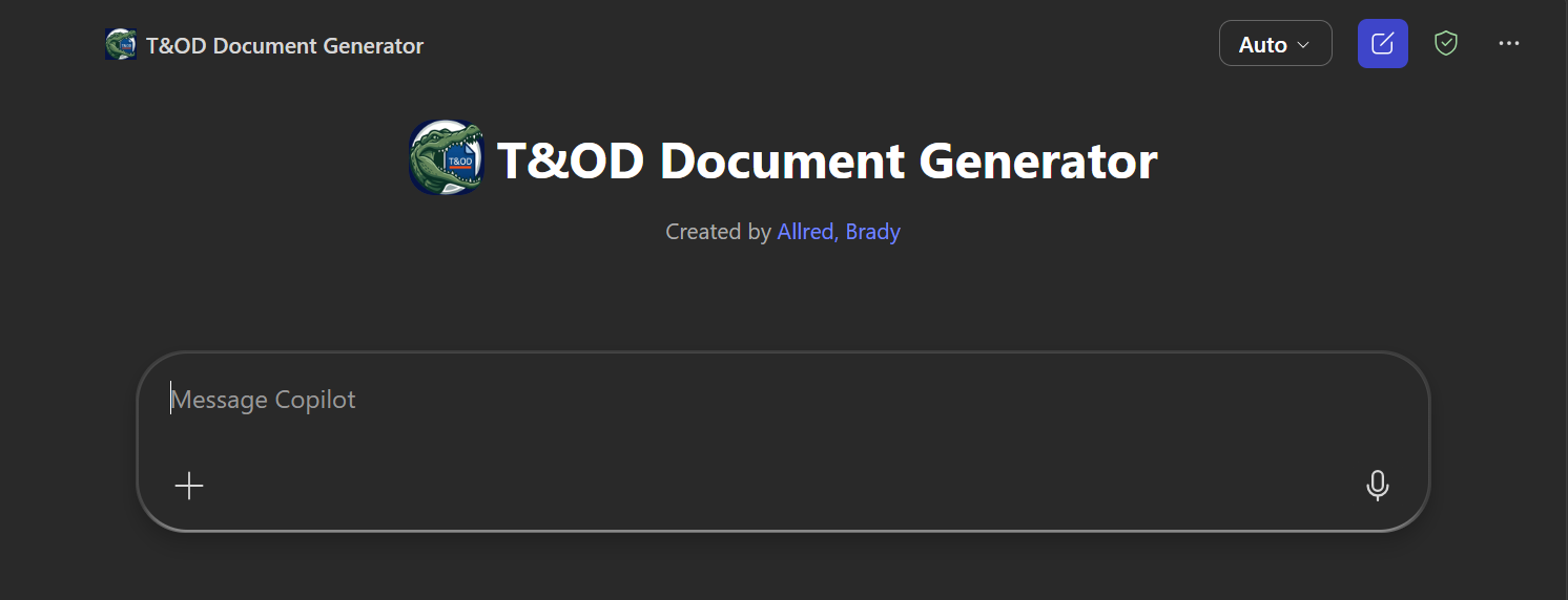 The T&OD Document Generator agent's start screen in Microsoft Copilot, with a Message Copilot input box.